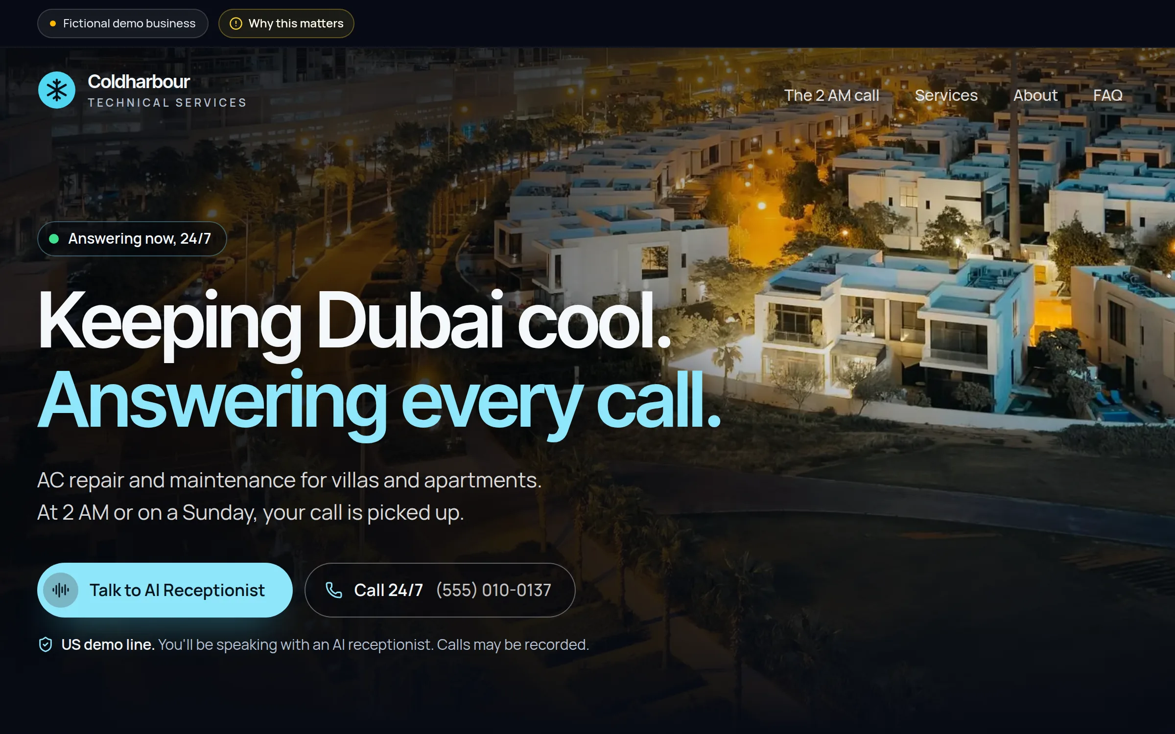 The Coldharbour Technical Services demo website: the top of its home page, as a caller sees it.