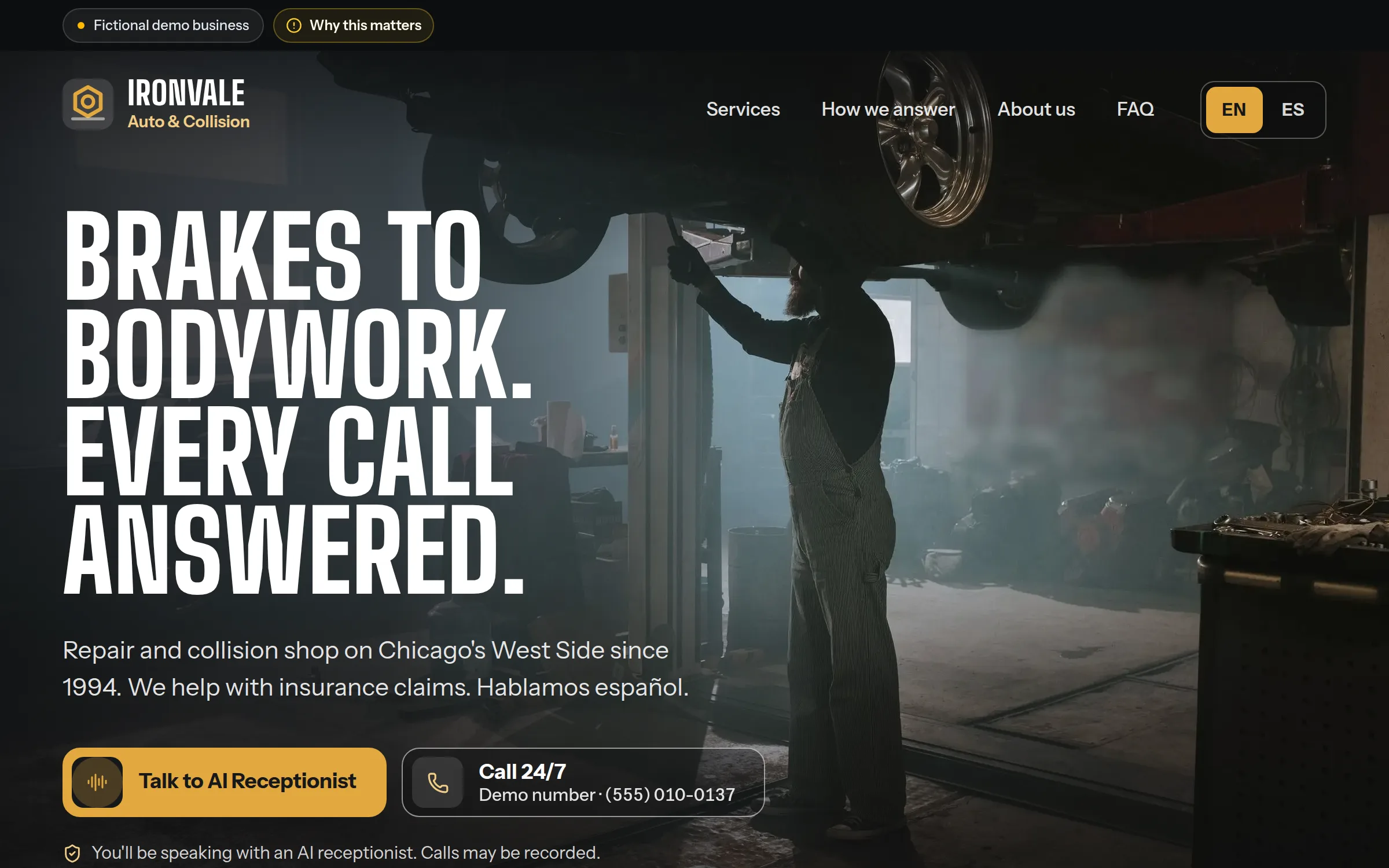 The Ironvale Auto & Collision demo website: the top of its home page, as a caller sees it.