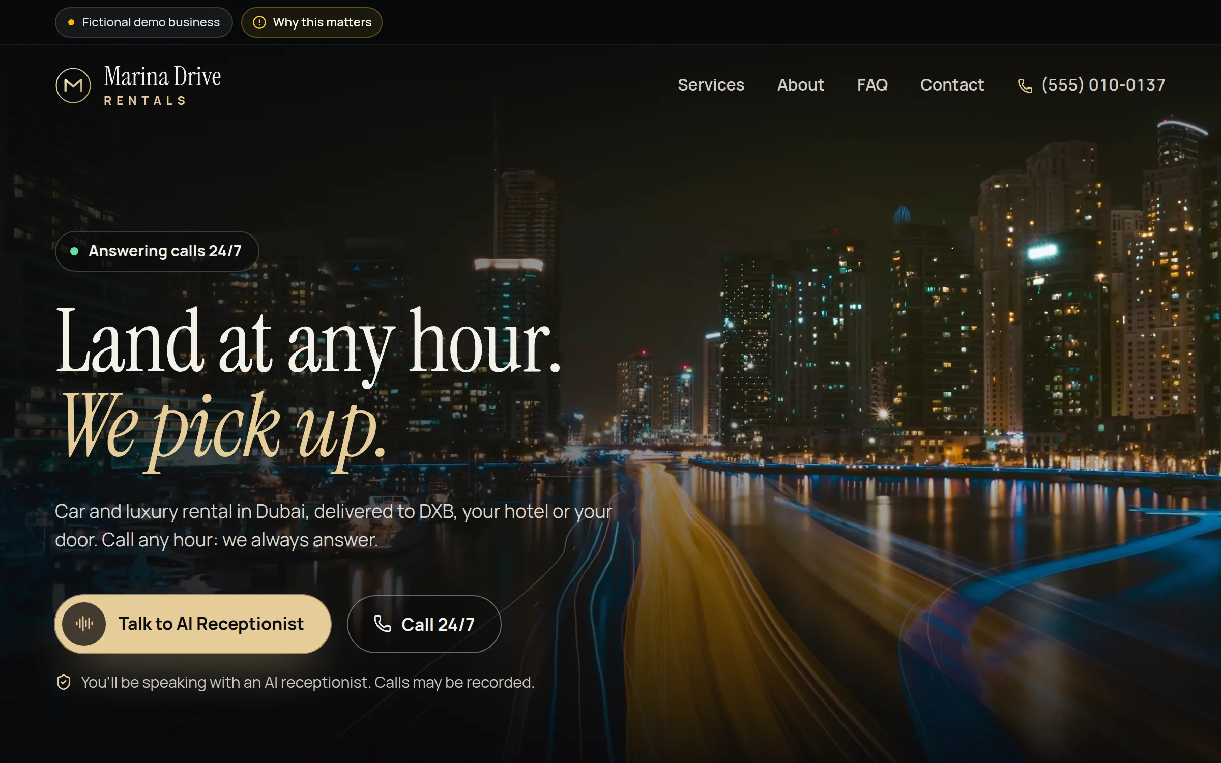 The Marina Drive Rentals demo website: the top of its home page, as a caller sees it.