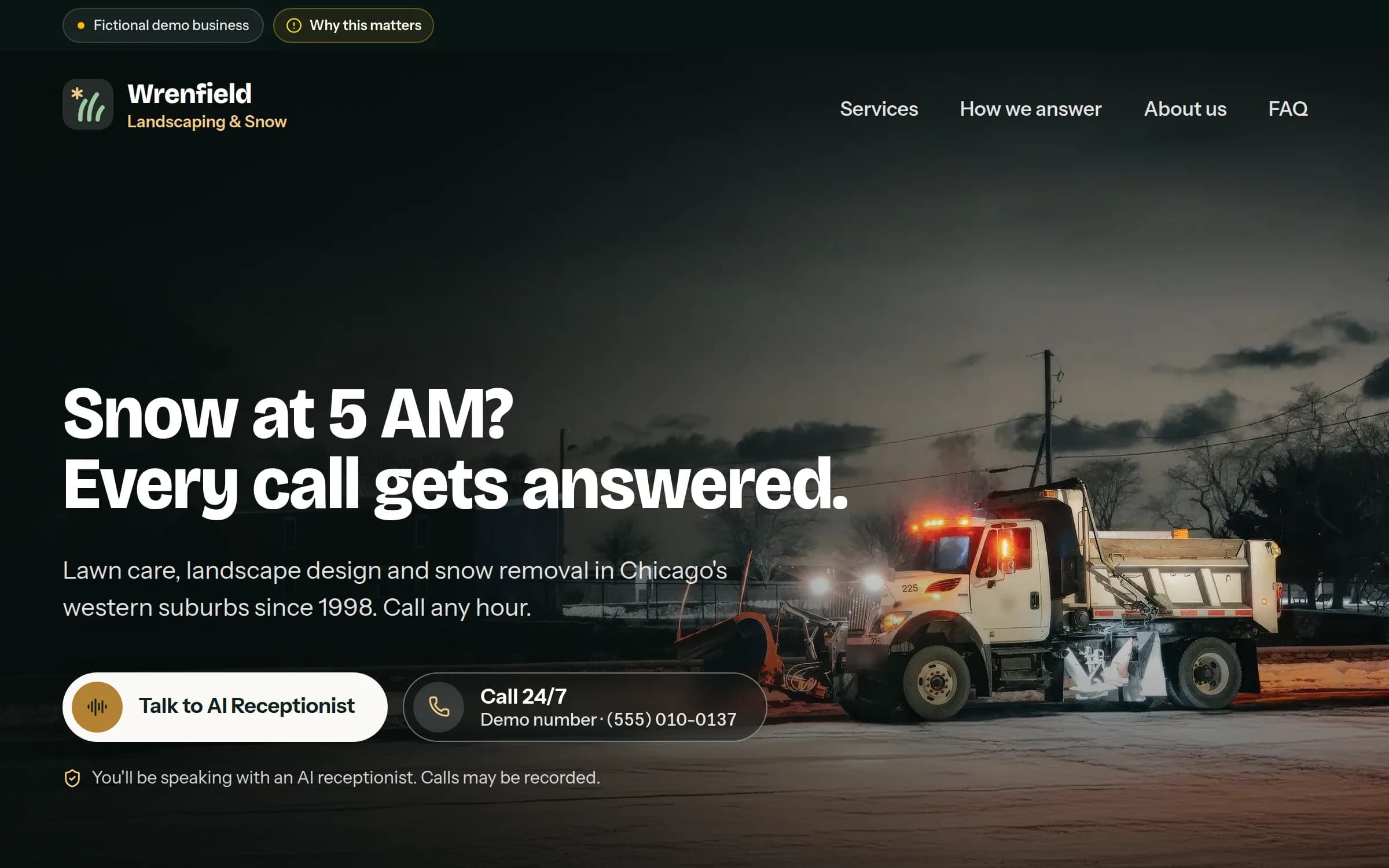 The Wrenfield Landscaping & Snow demo website: the top of its home page, as a caller sees it.