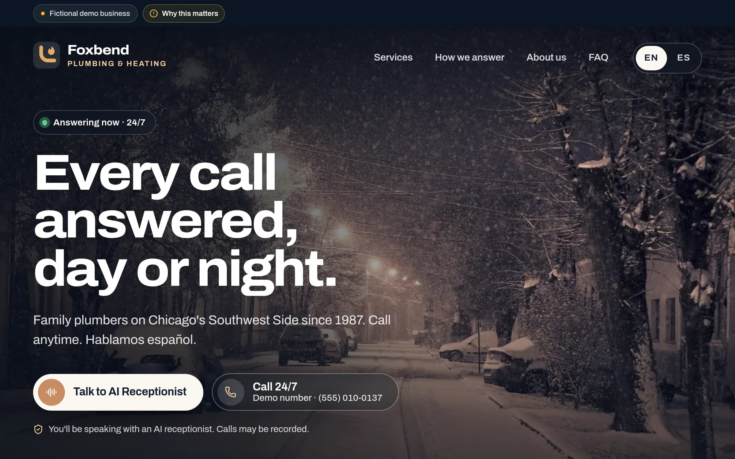 The Foxbend Plumbing & Heating demo website: the top of its home page, as a caller sees it.
